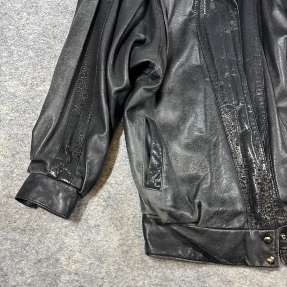 Vintage 80s Black Leather Bomber Jacket Women Oversized Puff Sleeve Retro Grunge - Picture 4 of 16